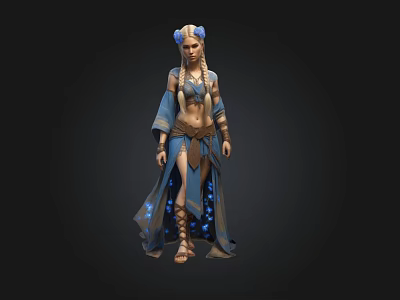 Fantasy Female 3D Character With Long Hair Blue Outfit Decorative Headpiece And Glowing Blue Patterns 3d model
