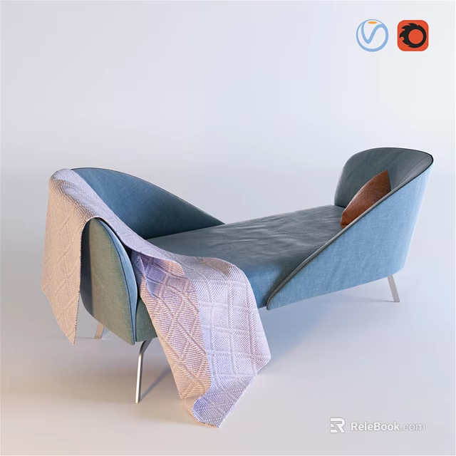 Modern Blue Two Seater Sofa With Knitted Blanket Brown Cushion And Metal Legs 3d model 
