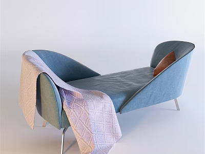 Modern Blue Two Seater Sofa With Knitted Blanket Brown Cushion And Metal Legs 3d model