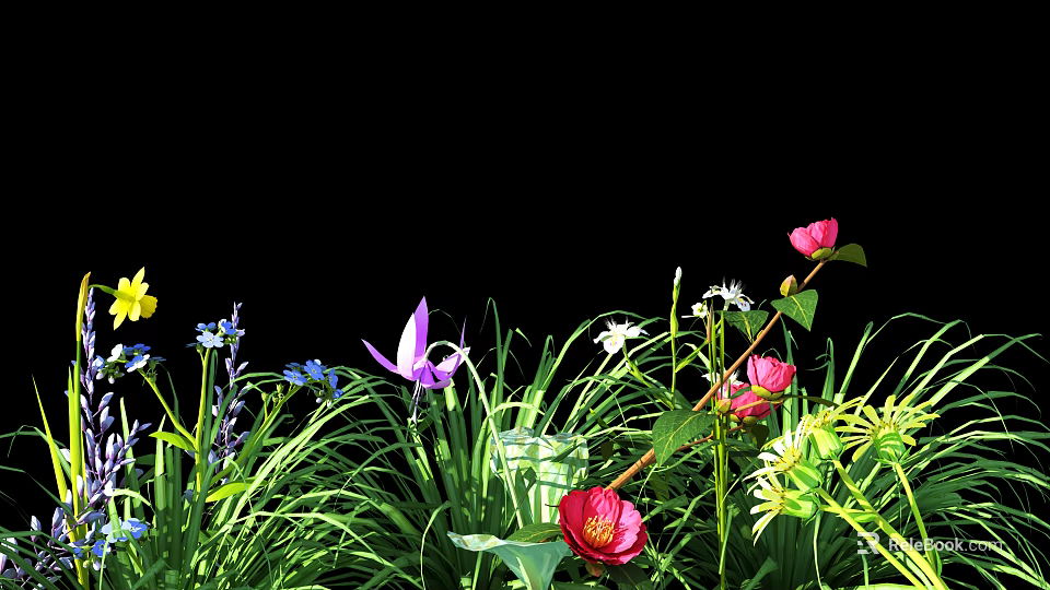 Colorful Blooming Flowers and Green Plants with Various Vibrant Petals and Lush Grass 3d model 
