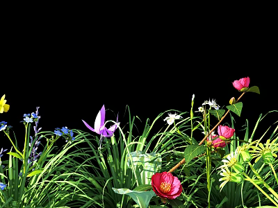 Colorful Blooming Flowers and Green Plants with Various Vibrant Petals and Lush Grass 3d model