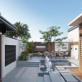 Modern Villa Courtyard Garden Landscape With Water Pool Outdoor Dining Wooden Pavilion and Green Plants