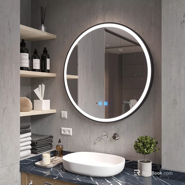 Modern Bathroom Washbasin With Round Illuminated Mirror Grey Concrete Wall Shelves And Potted Plant 3d model 