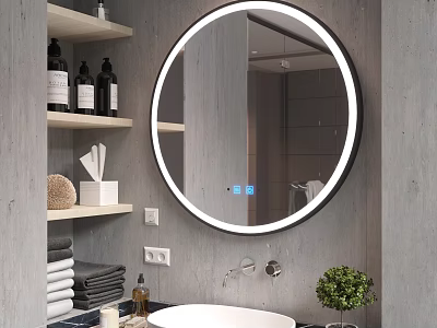 Modern Bathroom Washbasin With Round Illuminated Mirror Grey Concrete Wall Shelves And Potted Plant 3d model