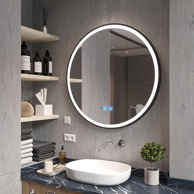 Modern Bathroom Washbasin With Round Illuminated Mirror Grey Concrete Wall Shelves And Potted Plant 3d model