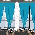 Bright Café With Large Windows Blue Curtains Marble Pillars Tables Chairs And Green Lawn Outside