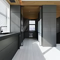 Modern Living And Dining Room Interior With Large Windows Gray Sofa And Wooden Elements