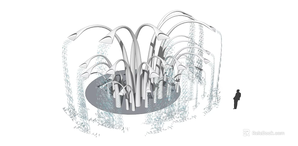 Artistic Fountain Design With Curved Stem Like Structures And Cascading Water Streams 3d model 
