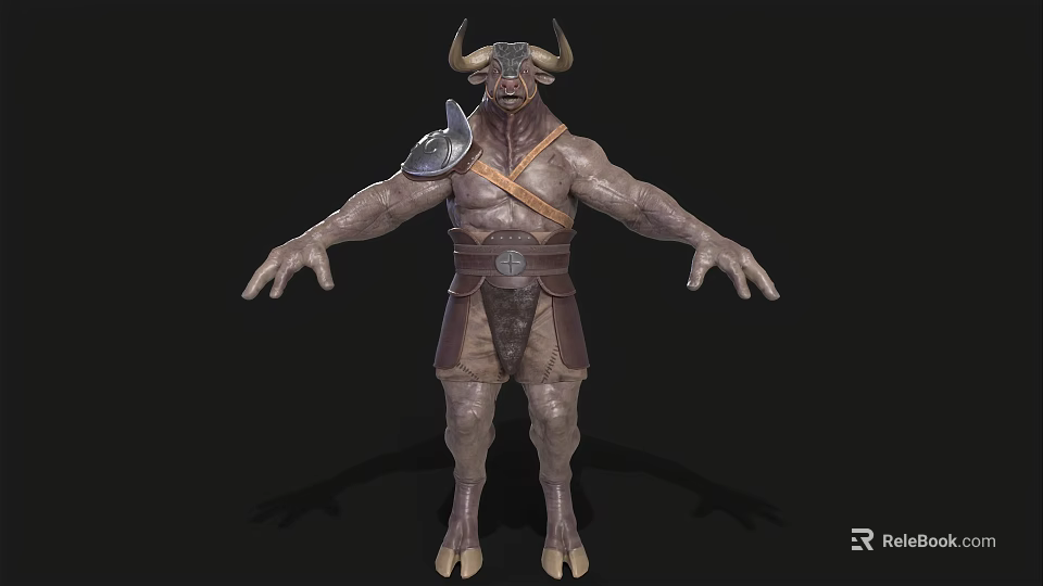 Muscular Bull Headed Mythical Creature With Horns Leather Armor And Shield 3d model 