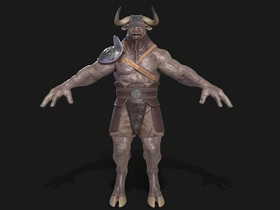 Muscular Bull Headed Mythical Creature With Horns Leather Armor And Shield 3d model