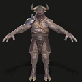 Muscular Bull Headed Mythical Creature With Horns Leather Armor And Shield