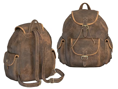 High Quality Classic Vintage Leather Backpack With Multiple Pockets And Metal Buckles 3d model
