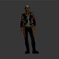 Futuristic Character With Short Hair In Orange And Black Outfit Standing Against Gray Background