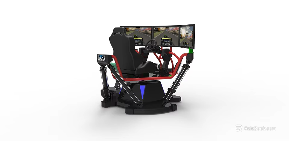 Professional Racing Simulator Setup With Multiple Monitors Racing Seat And Steering Wheel 3d model