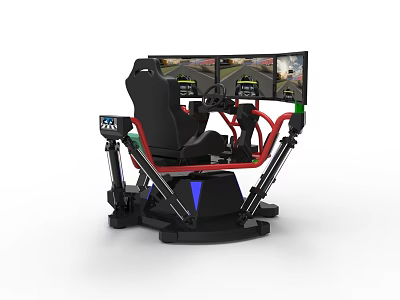 Professional Racing Simulator Setup With Multiple Monitors Racing Seat And Steering Wheel 3d model