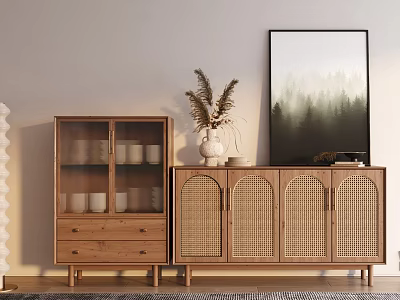 Wooden Entryway Cabinet And Rattan Side Cabinet With Minimalist Interior Decorative Painting Dried Plant Decor 3d model