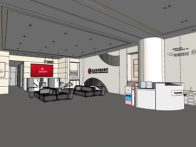 Service Hall Interior Design With Reception Desk Seating Area And Display Screens 3d model