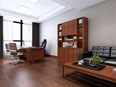 Modern Office Interior With Wooden Desk Leather Chairs Bookcase And Sofa 3d model