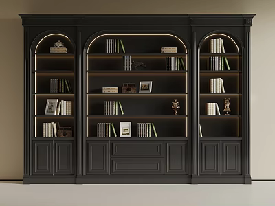 Elegant Dark Bookshelf Unit With Arched Design Holding Books Photo Frames And Decorations 3d model