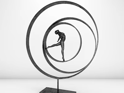 Black Figure Sculpture With Nested Rings In Stretching Pose On Black Base 3d model