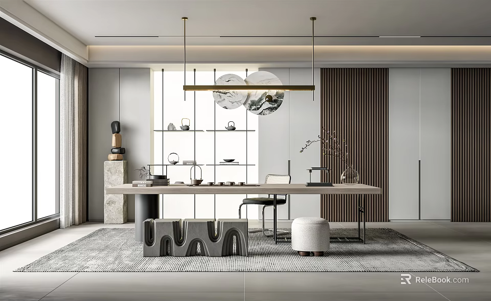 Modern Tea Room Interior Design With Wooden Table Comfortable Chairs And Pendant Lights 3d model 