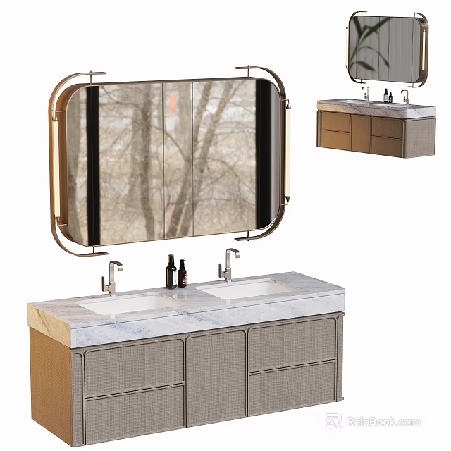 Modern Bathroom Vanity With Double Sinks Marble Countertop Woven Cabinets And Oval Mirror 3d model 