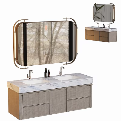 Modern Bathroom Vanity With Double Sinks Marble Countertop Woven Cabinets And Oval Mirror 3d model
