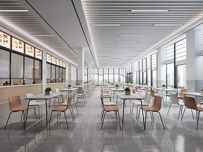 Modern Cafeteria Interior With Tables Chairs Food Counters And Large Windows 3d model