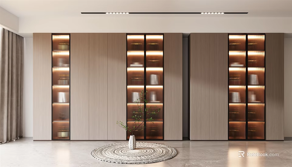 Modern Bookcase Interior Design With Wooden Layered Shelves Built-in Lighting And Round Rug 3d model 