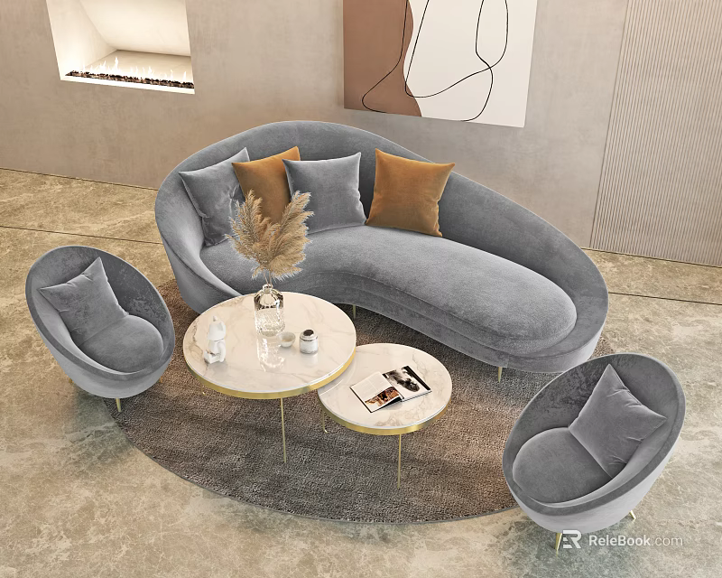 Modern Gray Curved Sofa And Round Coffee Table Set With Brown Pillows And Armchairs 3d model 