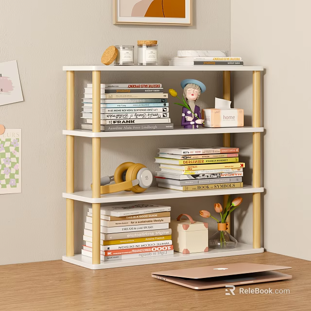 Multi Tiered White Wooden Bookshelf With Stacked Books Decorative Doll Vase Headphones 3d model 