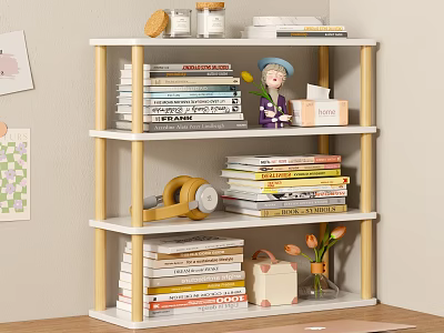 Multi Tiered White Wooden Bookshelf With Stacked Books Decorative Doll Vase Headphones 3d model