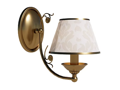 Elegant Brass Wall Sconce With Patterned Fabric Shade And Decorative Scroll Design 3d model