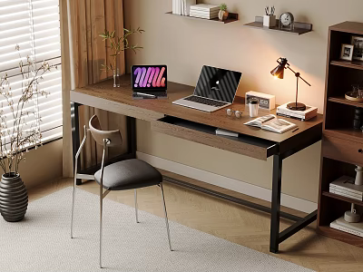 Quiet Ancient Style Desk and Chair Computer Desk and Chair Writing Desk Study Table Solid Wood Single Chair Computer Ornaments Combination Tablet Notebook Bookcase Potted Plant