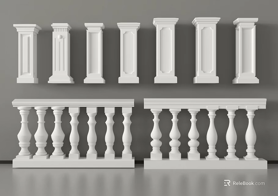 Classical White Balustrades Design With Ornate Decorative Columns And Railings 3d model 