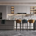 Modern Restaurant Kitchen Interior With Marble Island Counter Cabinets And Bar Stools 3d model