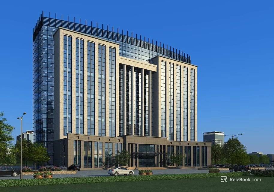Modern Office Building Exterior With Glass Curtain Wall And Landscaped Lawn 3d model 