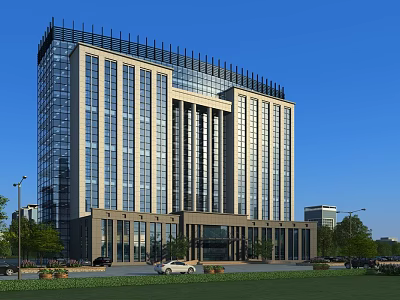 Modern Office Building Exterior With Glass Curtain Wall And Landscaped Lawn 3d model