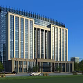 Modern Office Building Exterior With Glass Curtain Wall And Landscaped Lawn