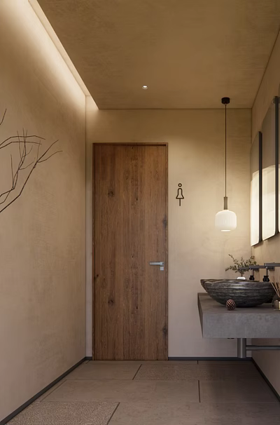 Public Toilet Interior With Beige Walls Wooden Door Hanging Lamp Mirror Washbasin And Bare Branches 3d model