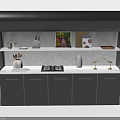 Modern Kitchen Furniture Featuring Dark Cabinets White Countertop Upper Shelves With Bowls And Decorative Items