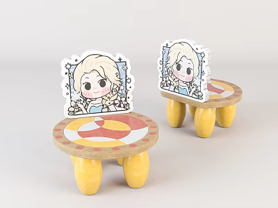Cute Children's Chairs With Cartoon Character Stickers Round Seats And Yellow Legs 3d model