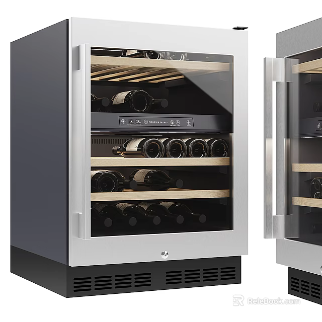 Modern Stainless Steel Wine Cooler With Glass Door And Wooden Wine Racks 3d model 