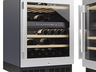 Modern Stainless Steel Wine Cooler With Glass Door And Wooden Wine Racks 3d model