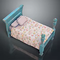 Blue Wooden Bed Frame With Floral Bedspread And Light Pink Pillows