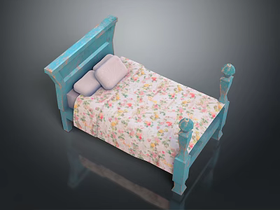 Blue Wooden Bed Frame With Floral Bedspread And Light Pink Pillows 3d model