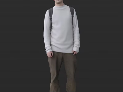A Man Wearing White Turtleneck Sweater And Brown Pants With Backpack Standing Against Dark Background 3d model