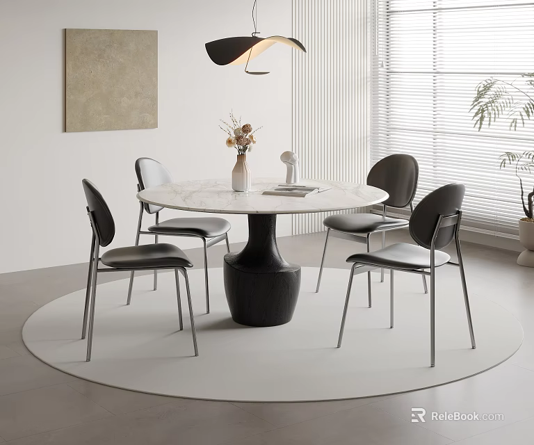 Modern Round Dining Table Set With Black Chairs And White Marble Top 3d model 