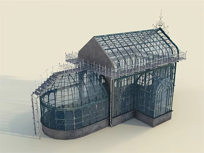 Glass Greenhouse Architectural Design With Metal Frame Arched Structure And Staircase 3d model