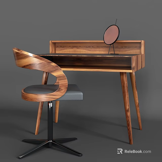 Elegant Wooden Dressing Table With Round Mirror And Curved Back Chair 3d model 